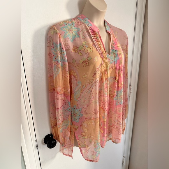 Susan Graver Tunic Blouse Women Pink Sheer Paisley Chiffon Peasant 1X #1688 - Picture 3 of 9